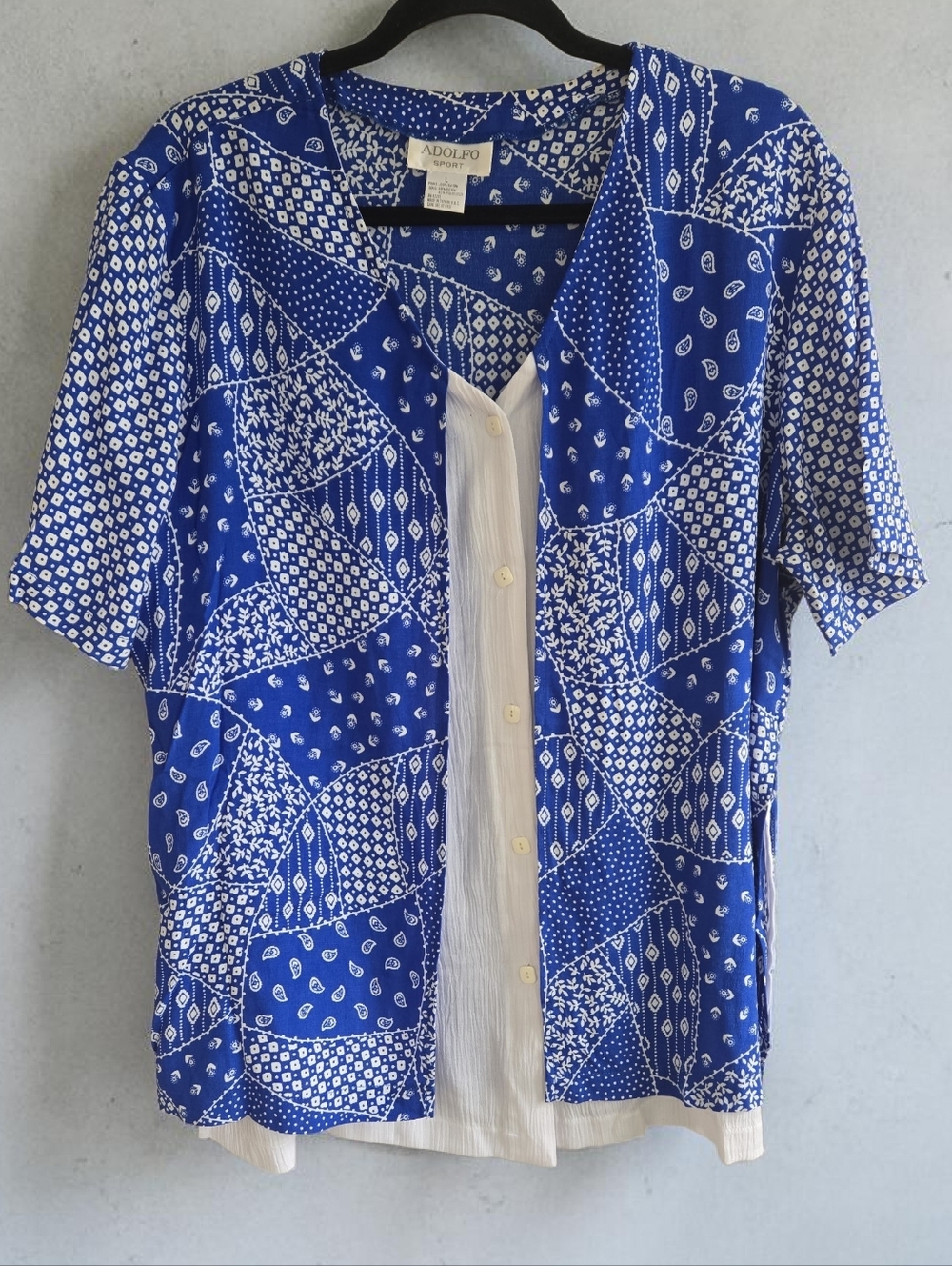 Adolfo Blue Patchwork Print Short Sleeve Button-Down with White Placket